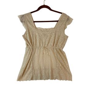 New York & Company Womens Y2K Babydoll Top Lace Sz M Beige Dainty Feminine Fairy